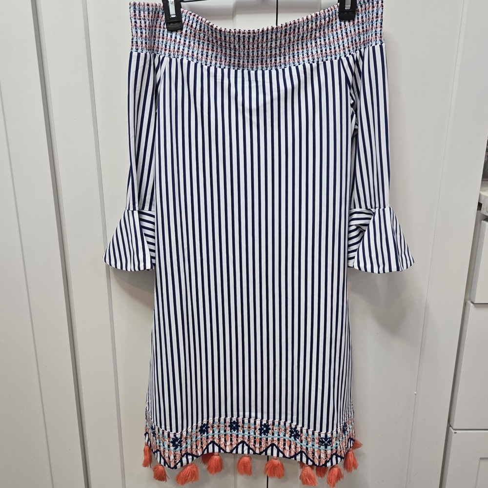 Cabana Life St Barts Coverluxe Dress NWT Small Navy‎ Stripe Off Shoulder Tassel